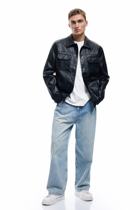 KOTON, Jacheta de piele ecologica cu buzunare cu clapa, Negru