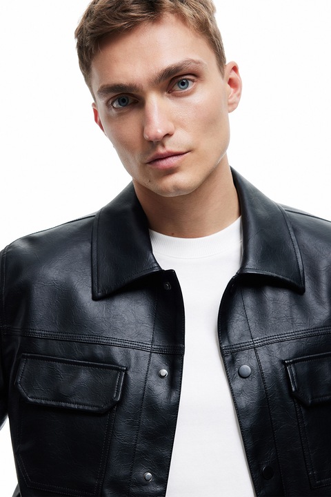 KOTON, Jacheta de piele ecologica cu buzunare cu clapa, Negru