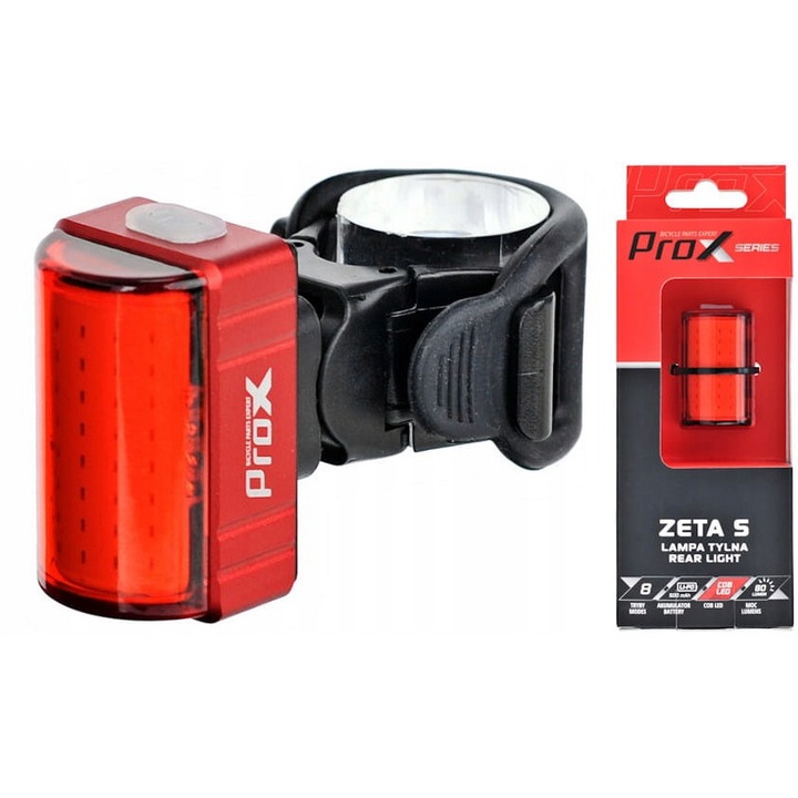 PROX ZETA S hátsó lámpa, 80lm, COB LED dióda, fekete, készlet tartóval és USB kábellel