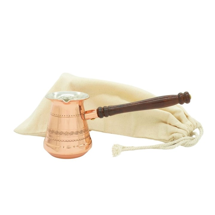 Tygielek de cafea din cupru BRIKI 200 ml, ornamentat, interior zincat, maner din lemn de palisandru