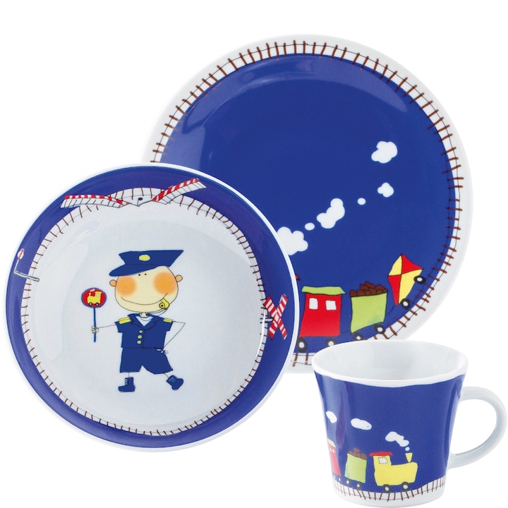 Kahla prémium porcelán étkészlet gyerekeknek, Adventure Express, 3 részes, 1 személyes, 220 ml, elegáns design, Németországban készült, ideális ajándék, mosogatógépben mosható, kék
