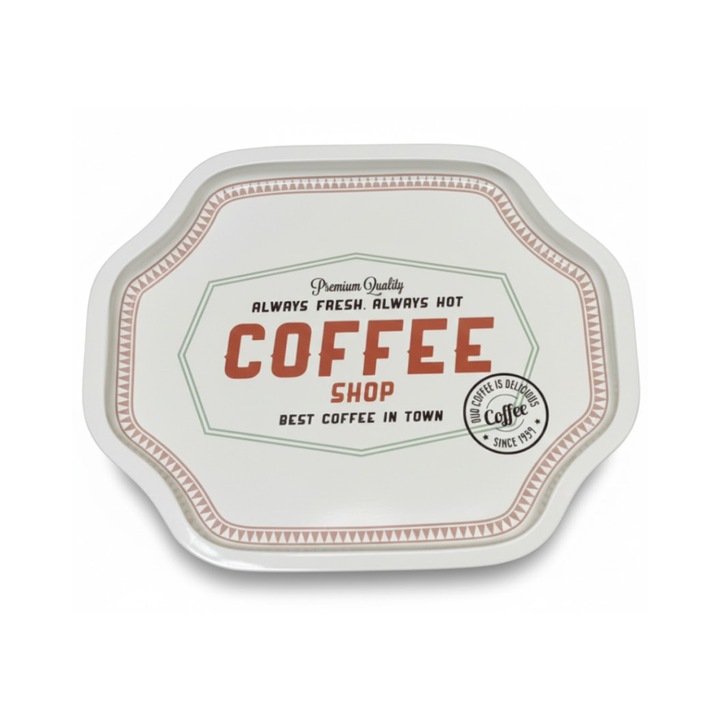Tava de Servire din Metal 33x27 cm, Forma Neregulara, Design Retro "Coffee Shop"