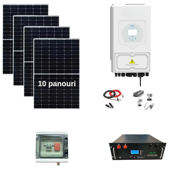 Sistem complet fotovoltaic 5 kw panouri + 6 kw Deye monofazat + 5.12 kw stocare LiFePO4 - sistem panouri fotovoltaice potrivit prosumator