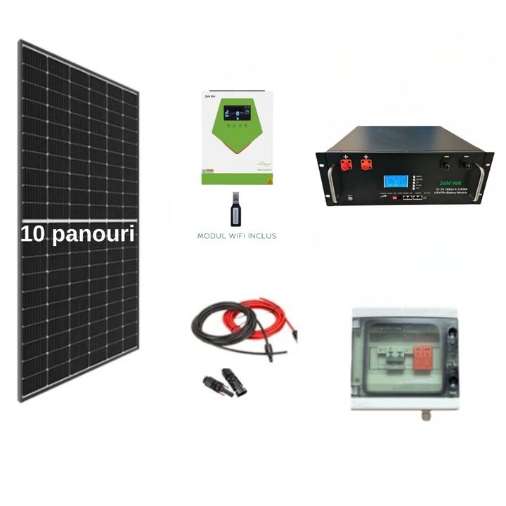 Sistem OFF-GRID complet 5KW instalat panouri fotovoltaice, cu baterie de LiFePO4 litiu de 5.12kwh si invertor HIBRID de 6.5 kw pe 48V