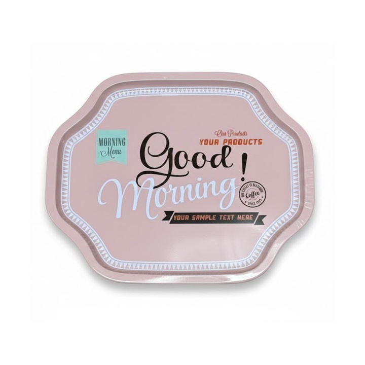 Tava de Servire din Metal 33x27 cm, Forma Neregulara, Design Retro "Good Morning", Culoare Roz Pal