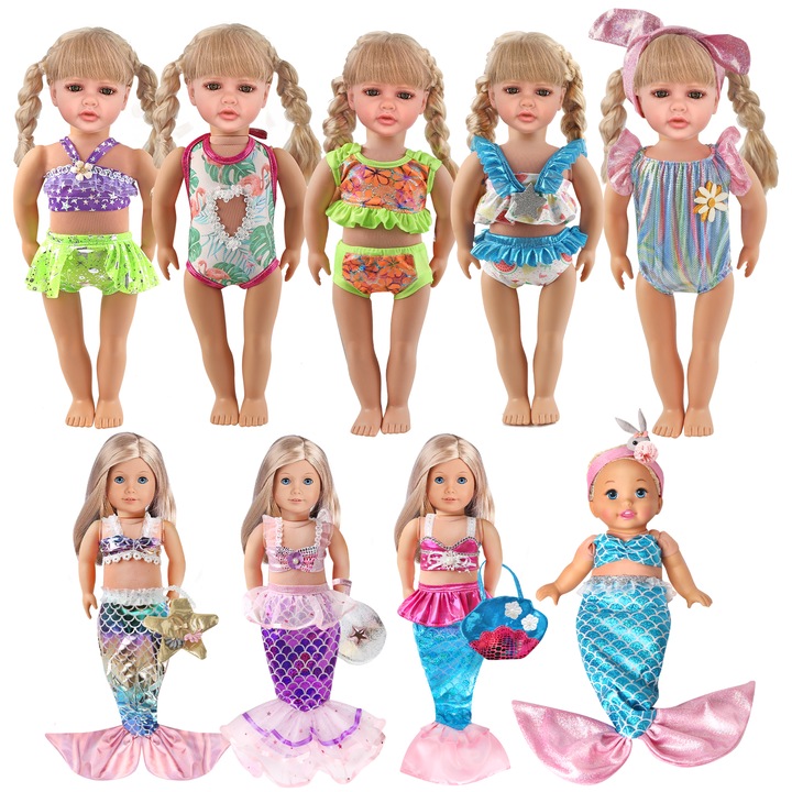 Set 9 accesorii pentru papusi de 18 inch, costume de baie sirena colorate, multicolor
