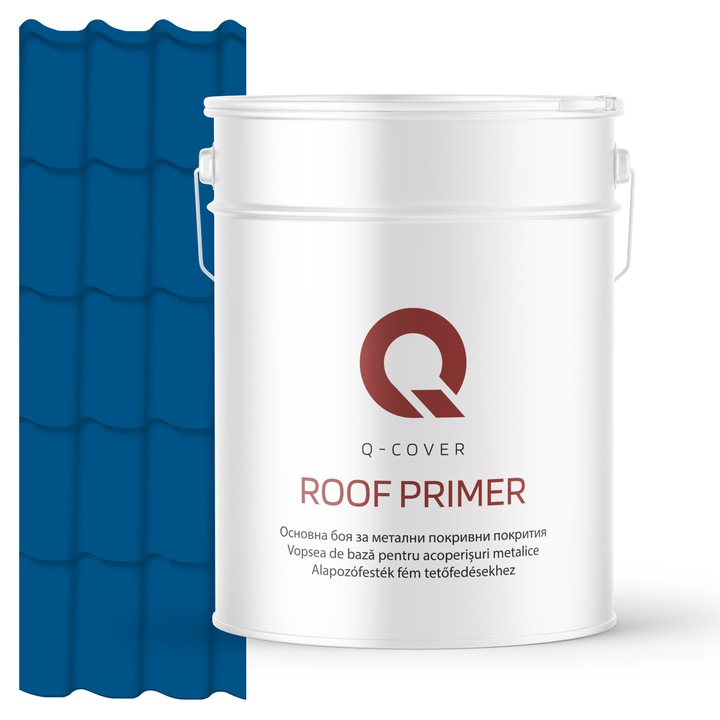 Vopsea de baza pentru acoperisuri metalice, Q-COVER, Albastru RAL5005, 10L, vopsea metalica elastica, protectie anticoroziva avansata, aderenta ridicata, ideala pentru tabla zincata, suprafete expuse la intemperii, variatii de temperatura