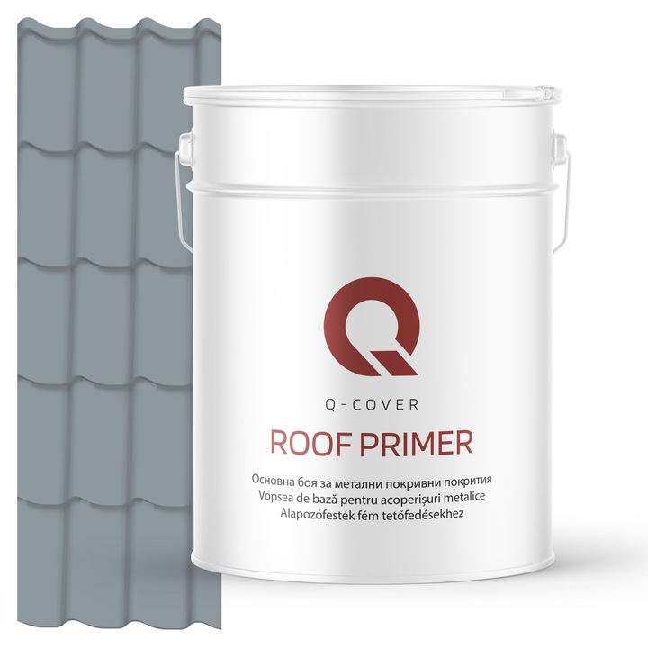 Vopsea de baza pentru acoperisuri metalice, Q-COVER, Gri-albastrui RAL7001, 10L, vopsea metalica elastica, protectie anticoroziva avansata, aderenta ridicata, ideala pentru tabla zincata, suprafete expuse la intemperii, variatii de temperatura