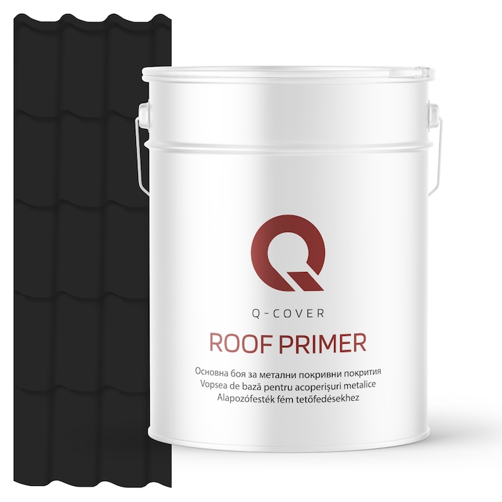 Vopsea de baza pentru acoperisuri metalice, Q-COVER, Negru RAL9005, 10L, vopsea metalica elastica, protectie anticoroziva avansata, aderenta ridicata, ideala pentru tabla zincata, suprafete expuse la intemperii, variatii de temperatura