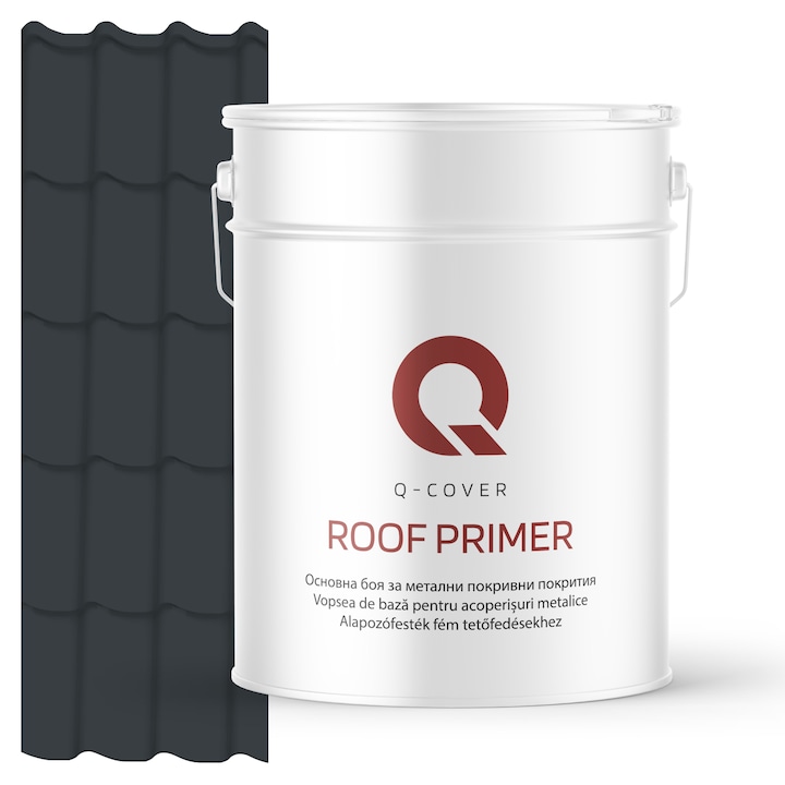 Vopsea de baza pentru acoperisuri metalice, Q-COVER, Antracit RAL7016, 10L, vopsea metalica elastica, protectie anticoroziva avansata, aderenta ridicata, ideala pentru tabla zincata, suprafete expuse la intemperii, variatii de temperatura