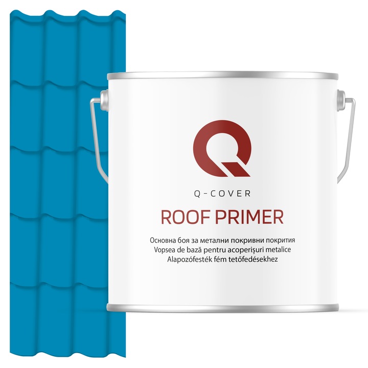 Vopsea de baza pentru acoperisuri metalice, Q-COVER, Albastru deschis RAL5012, 5L, vopsea metalica elastica, protectie anticoroziva avansata, aderenta ridicata, ideala pentru tabla zincata, suprafete expuse la intemperii, variatii de temperatura
