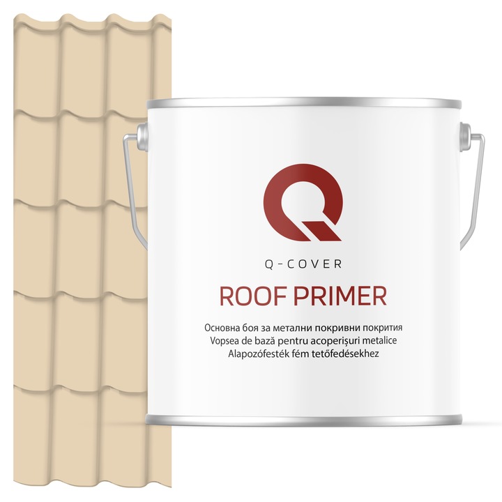 Vopsea de baza pentru acoperisuri metalice, Q-COVER, Bej cremos RAL1015, 5L, vopsea metalica elastica, protectie anticoroziva avansata, aderenta ridicata, ideala pentru tabla zincata, suprafete expuse la intemperii, variatii de temperatura