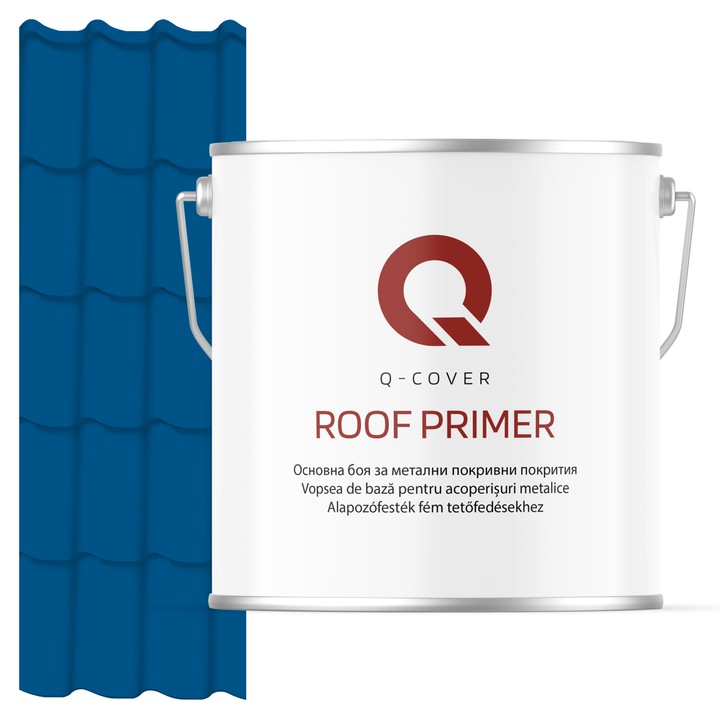 Vopsea de baza pentru acoperisuri metalice, Q-COVER, Albastru RAL5005, 5L, vopsea metalica elastica, protectie anticoroziva avansata, aderenta ridicata, ideala pentru tabla zincata, suprafete expuse la intemperii, variatii de temperatura