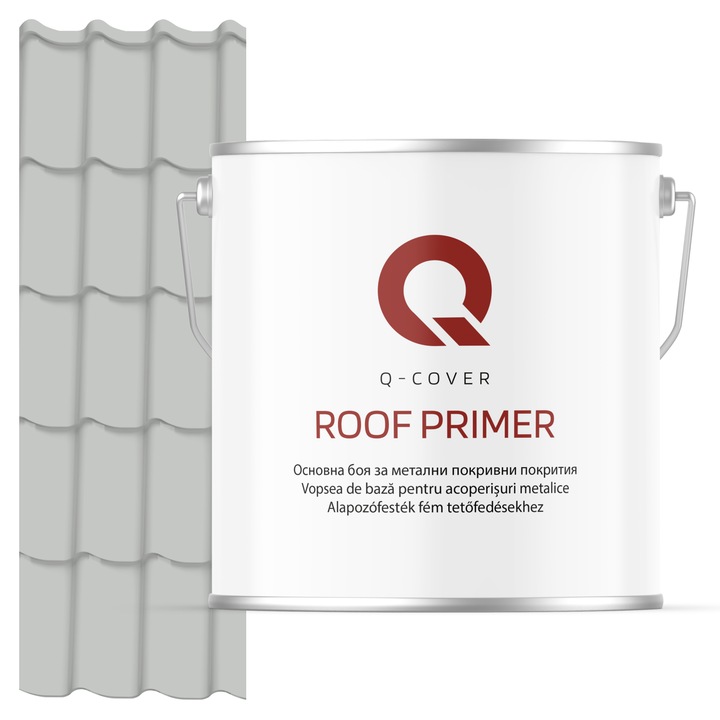 Vopsea de baza pentru acoperisuri metalice, Q-COVER, Gri deschis RAL7035, 5L, vopsea metalica elastica, protectie anticoroziva avansata, aderenta ridicata, ideala pentru tabla zincata, suprafete expuse la intemperii, variatii de temperatura