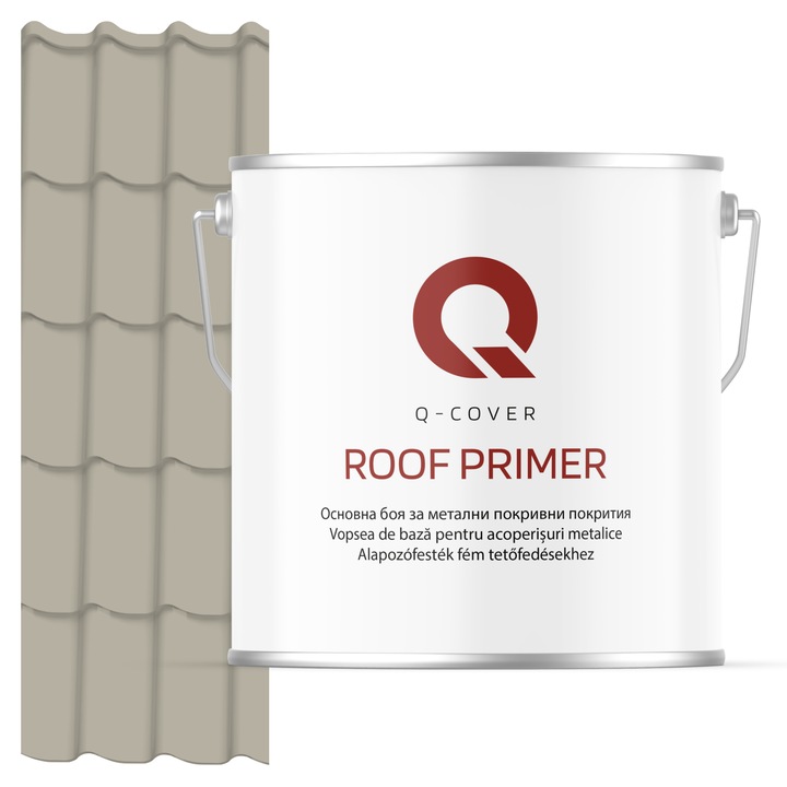 Vopsea de baza pentru acoperisuri metalice, Q-COVER, Gri-bej RAL7032, 5L, vopsea metalica elastica, protectie anticoroziva avansata, aderenta ridicata, ideala pentru tabla zincata, suprafete expuse la intemperii, variatii de temperatura
