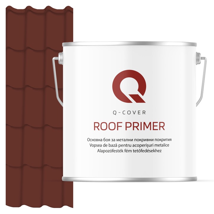 Vopsea de baza pentru acoperisuri metalice, Q-COVER, Maro RAL8012, 5L, vopsea metalica elastica, protectie anticoroziva avansata, aderenta ridicata, ideala pentru tabla zincata, suprafete expuse la intemperii, variatii de temperatura