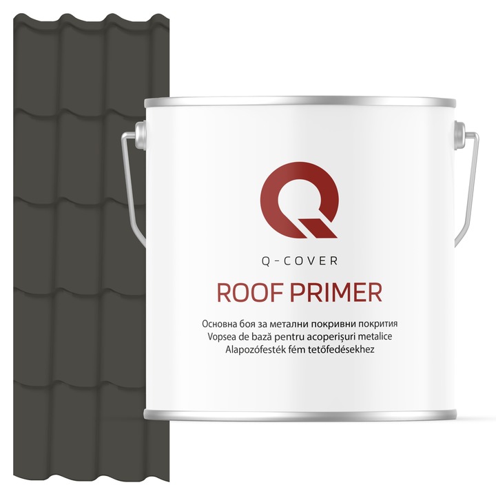 Vopsea de baza pentru acoperisuri metalice, Q-COVER, Gri inchis RAL7022, 5L, vopsea metalica elastica, protectie anticoroziva avansata, aderenta ridicata, ideala pentru tabla zincata, suprafete expuse la intemperii, variatii de temperatura
