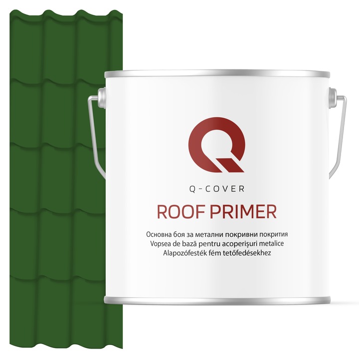Vopsea de baza pentru acoperisuri metalice, Q-COVER, Verde frunza RAL6002, 5L, vopsea metalica elastica, protectie anticoroziva avansata, aderenta ridicata, ideala pentru tabla zincata, suprafete expuse la intemperii, variatii de temperatura