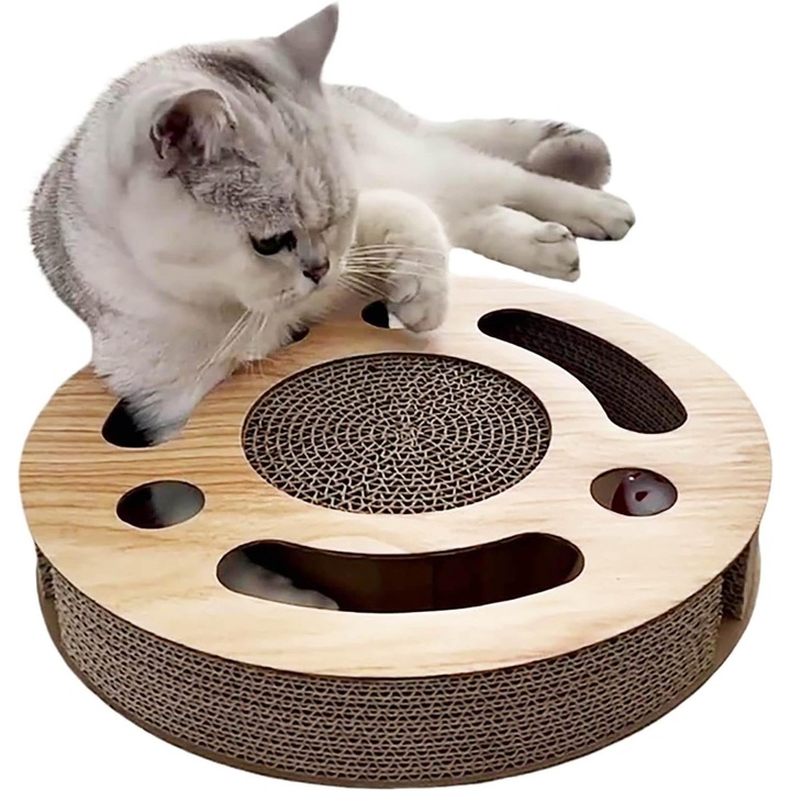 Jucarie interactiva pentru pisici „KuviKoo™ Placa Zgariat Circulara” - Textura Imitatie Lemn cu Compartiment Extragere Mingie si Clopotel, Design Compact 33cm, pentru Toate Rasele si Gospodarii cu Multiple Pisici