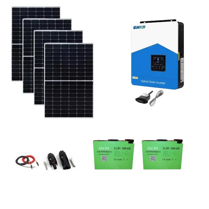 Sistem fotovoltaic 3.2 kW cu 4 panouri fotovoltaice monocristaline 455W, Invertor hybrid SMH 3.2kW, baterii LiFePO4 100Ah, conectori si cablu, Solid Volt