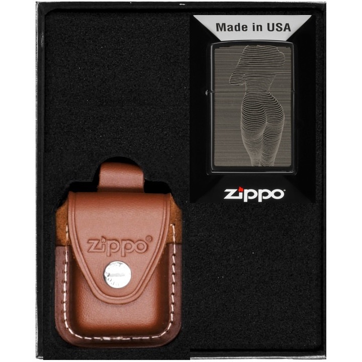 Set Zippo, bricheta originala si etui din piele maro, rezistenta la vant, in cutie de cadou
