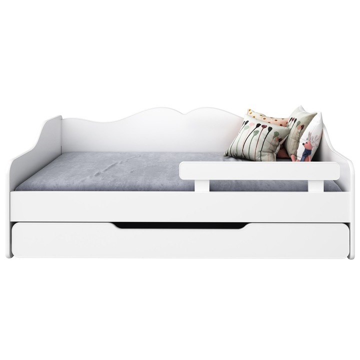 Pat pentru copii BELLA, LENDO, 140x70 cm, alb, cu bariera de protectie, saltea din spuma