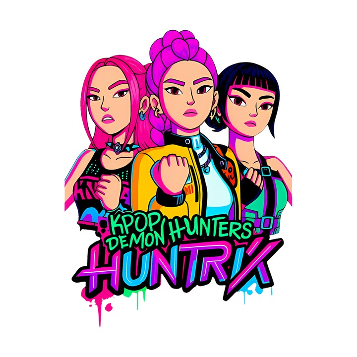 Sticker Huntrix K-Pop Hunters Demon Portret Trio Stil Vibrant, Autoadeziv, Craciun, Cri-Flo, dimensiune 6 cm