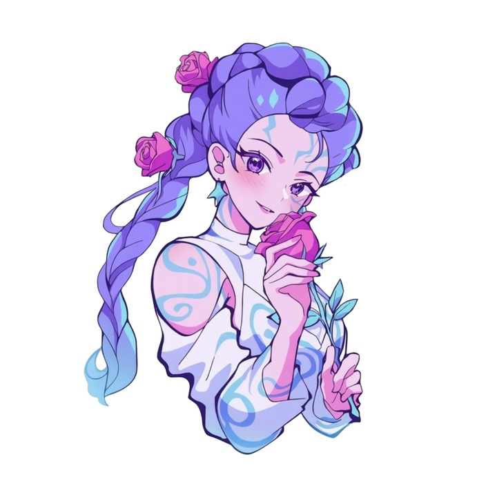 Sticker Huntrix K-Pop Hunters Demon Portret Fata Cu Par Mov Artistic, Autoadeziv, Craciun, Cri-Flo, dimensiune 10 cm