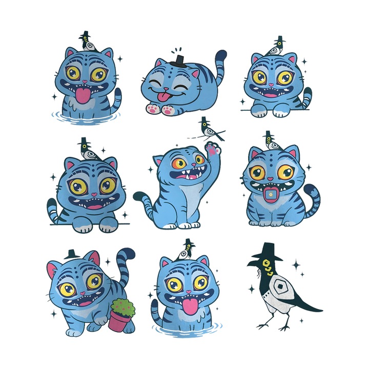 Sticker Kpop Huntrix Mascota Demon Albastru Set Expresii Simpatice, Autoadeziv, Craciun, Cri-Flo, dimensiune 6 cm