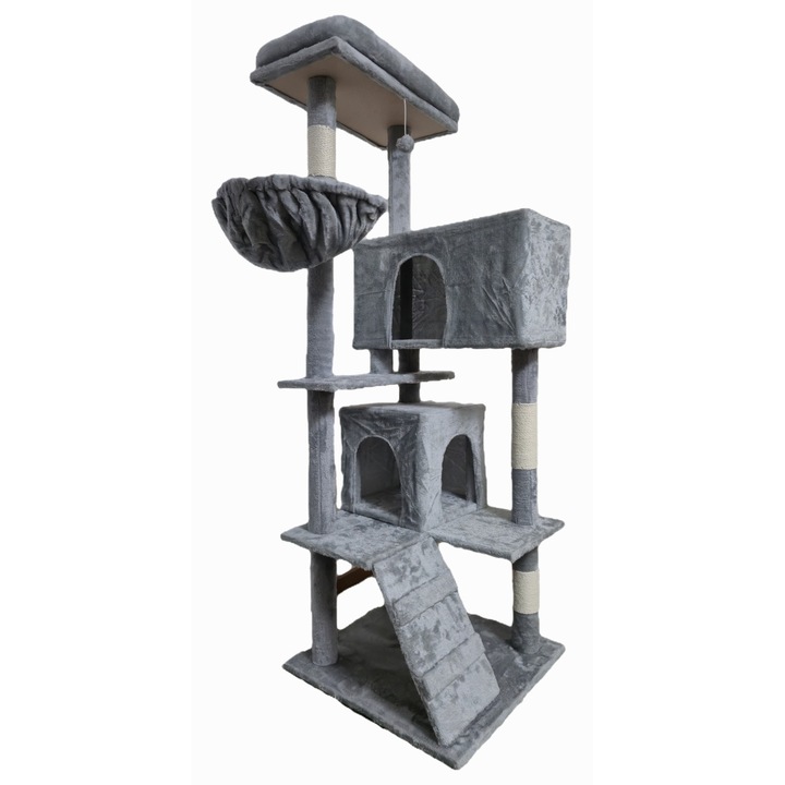 Ansamblu de Joaca pentru Pisici CLH, Turn Multifunctional cu Hamac si Cuib, Culoare Gri, 143cm