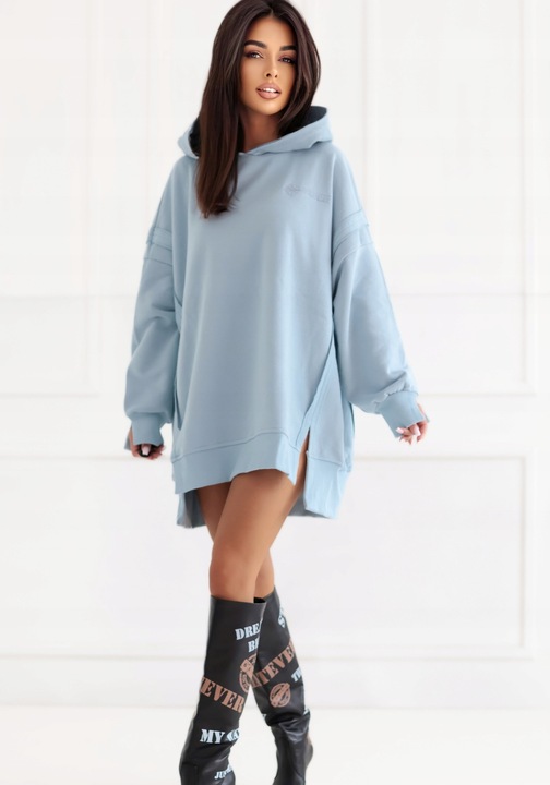 Bluza dama oversize cu gluga Natural Side, baby blue, M/L, material moale, calitate premium