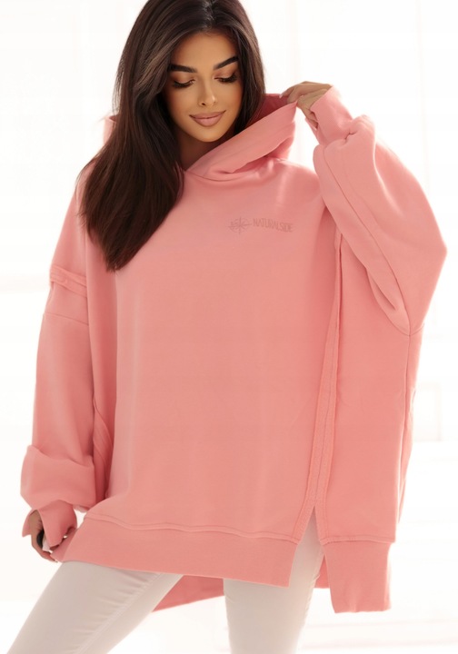 Bluza dama oversize cu gluga Natural Side, coral roz, M/L, material moale, calitate premium