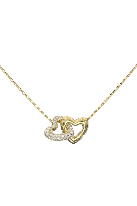 GUESS, Colier de otel inoxidabil cu pandantiv cu inimi interconectate, cu cristale, Auriu