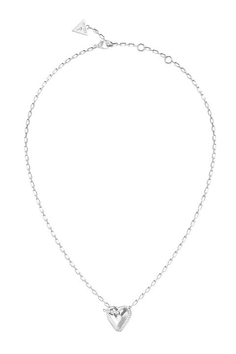 GUESS, Сърцевидно колие от неръждаема стомана с кристали, Сребрист