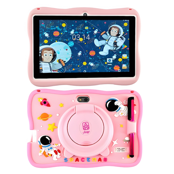 Tableta pentru copii 7 inch, Amigo, Android 14, 4GB RAM, 64GB, control parental, roz, set complet