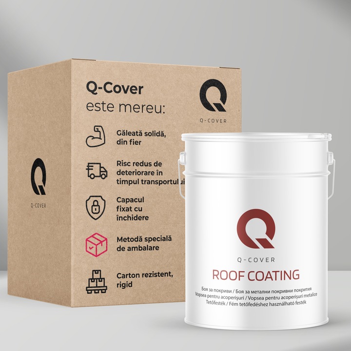 Vopsea pentru acoperisuri metalice Q-COVER, Gri bazaltic RAL7012, 10L, Luciu ridicat, vopsea elastica cu protectie UV, culoare intensa si uniforma, rezistenta excelenta la decolorare, ideala pentru acoperiri metalice si tabla zincata