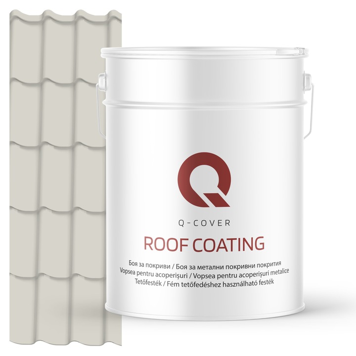 Vopsea pentru acoperisuri metalice Q-COVER, Alb si gri RAL9002, 10L, Semi-mat, vopsea elastica cu protectie UV, culoare intensa si uniforma, rezistenta excelenta la decolorare, ideala pentru acoperiri metalice si tabla zincata