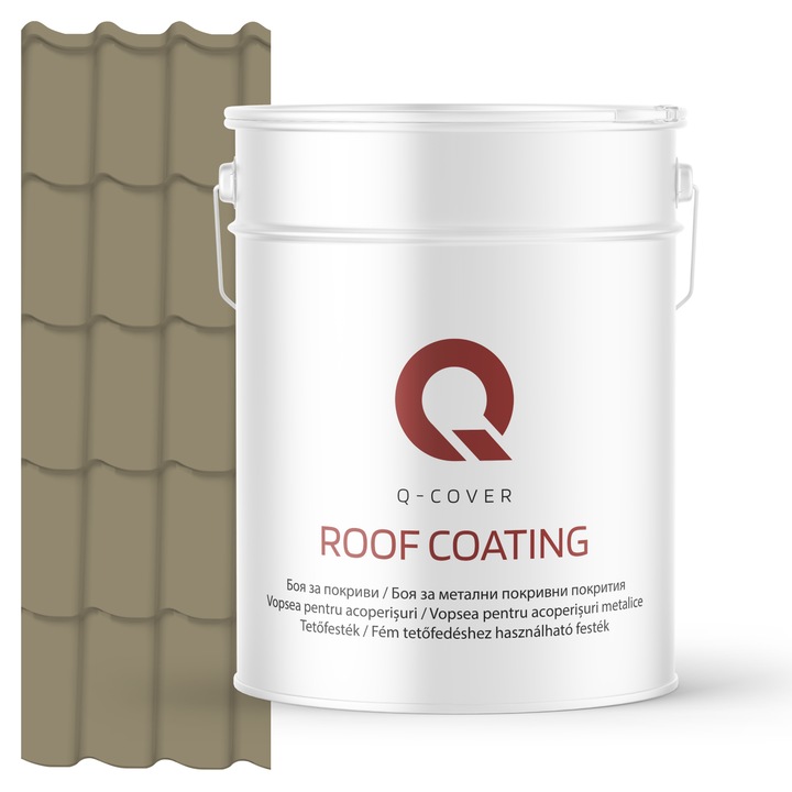 Vopsea pentru acoperisuri metalice Q-COVER, Gri-galbui RAL7034, 10L, Luciu ridicat, vopsea elastica cu protectie UV, culoare intensa si uniforma, rezistenta excelenta la decolorare, ideala pentru acoperiri metalice si tabla zincata
