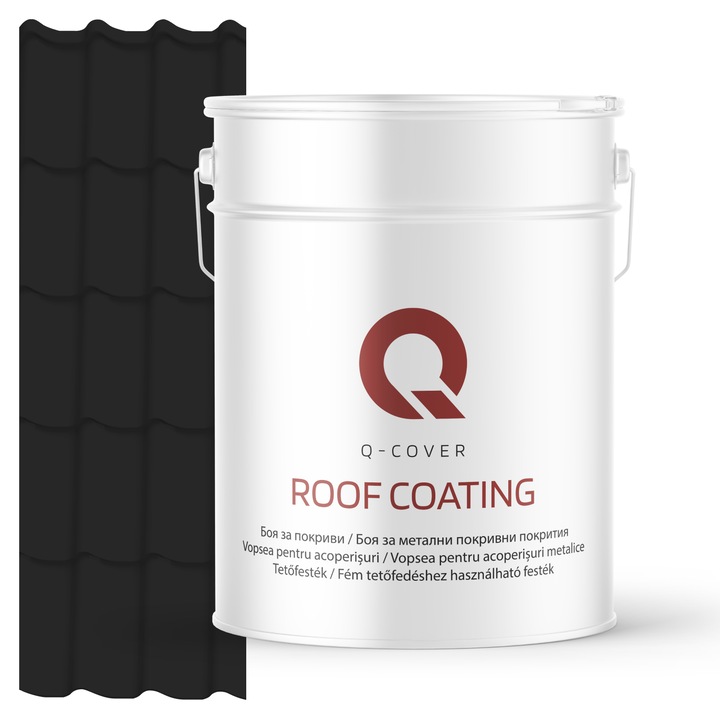 Vopsea pentru acoperisuri metalice Q-COVER, Negru RAL9005, 10L, Luciu ridicat, vopsea elastica cu protectie UV, culoare intensa si uniforma, rezistenta excelenta la decolorare, ideala pentru acoperiri metalice si tabla zincata