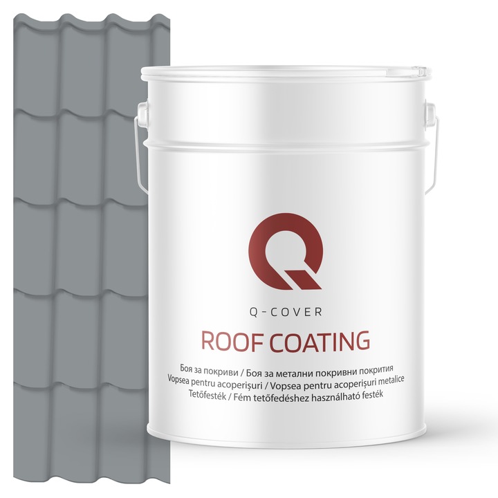 Vopsea pentru acoperisuri metalice Q-COVER, Gri RAL7045, 10L, Luciu ridicat, vopsea elastica cu protectie UV, culoare intensa si uniforma, rezistenta excelenta la decolorare, ideala pentru acoperiri metalice si tabla zincata