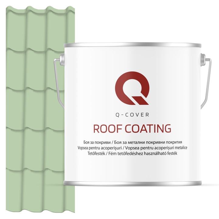 Vopsea pentru acoperisuri metalice Q-COVER, Verde pastel RAL6019, 5L, Satin, vopsea elastica cu protectie UV, culoare intensa si uniforma, rezistenta excelenta la decolorare, ideala pentru acoperiri metalice si tabla zincata