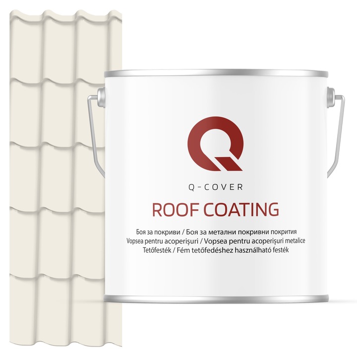 Vopsea pentru acoperisuri metalice Q-COVER, Alb alpin RAL9010, 5L, Luciu ridicat, vopsea elastica cu protectie UV, culoare intensa si uniforma, rezistenta excelenta la decolorare, ideala pentru acoperiri metalice si tabla zincata
