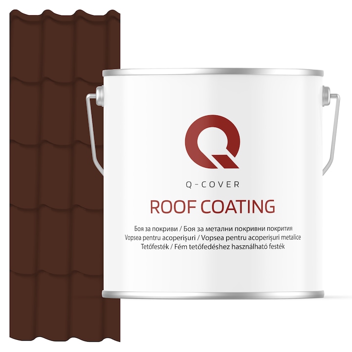 Vopsea pentru acoperisuri metalice Q-COVER, Maro cald RAL8016, 5L, Luciu ridicat, vopsea elastica cu protectie UV, culoare intensa si uniforma, rezistenta excelenta la decolorare, ideala pentru acoperiri metalice si tabla zincata