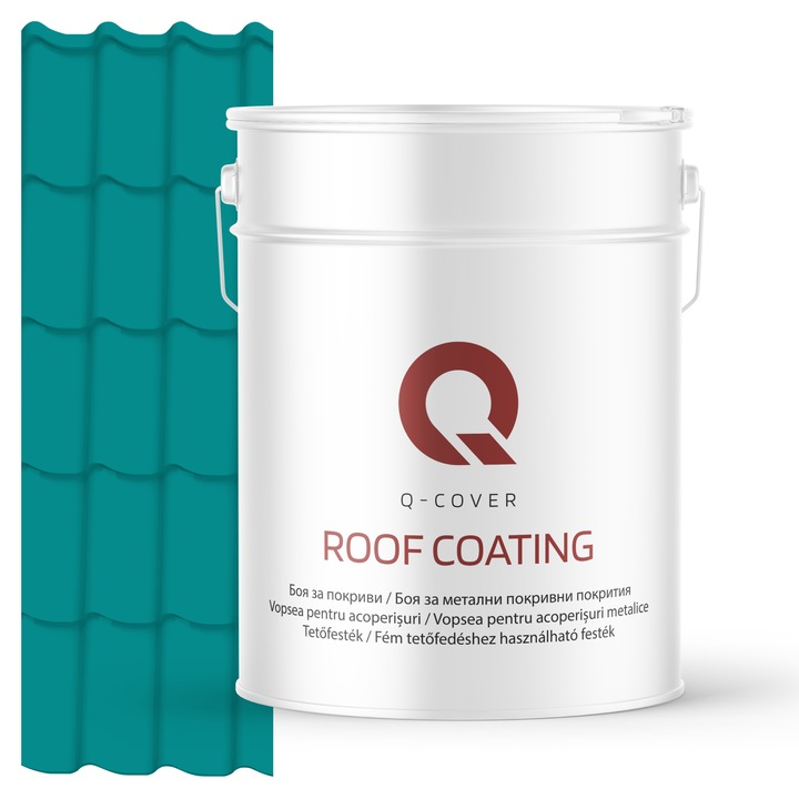 Vopsea pentru acoperisuri metalice Q-COVER, Albastru turcoaz RAL5018, 10L, Luciu ridicat, vopsea elastica cu protectie UV, culoare intensa si uniforma, rezistenta excelenta la decolorare, ideala pentru acoperiri metalice si tabla zincata
