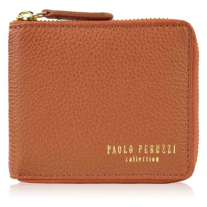 Portofel din piele pentru femei mic in Orientare orizontala cu Rfid Paolo Peruzzi, Maro cognac, 9x11x2