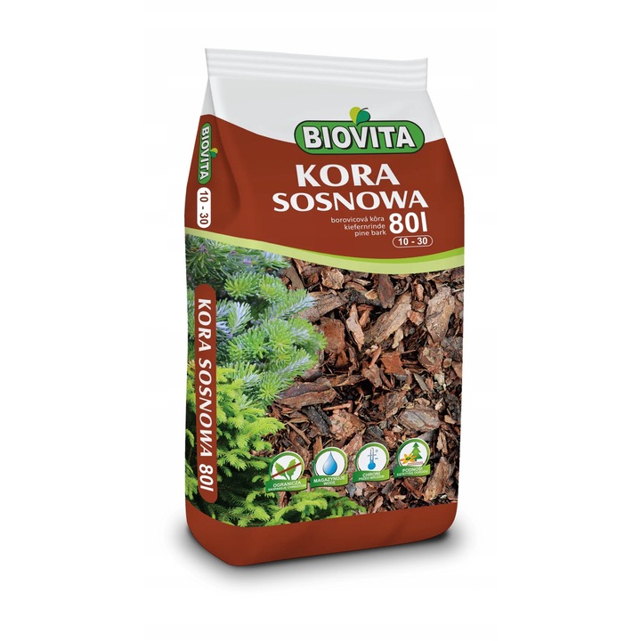Scoarta de pin macinata, Biovita, 10-30mm, 80L, pentru imbunatatirea solului, protejeaza plantele, previne uscarea