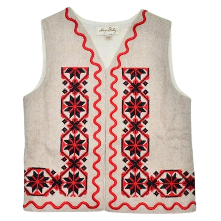 Vesta traditionala, cu motive traditionale, pentru copii, Mini Junior VB2611, Crem 12-13 ani