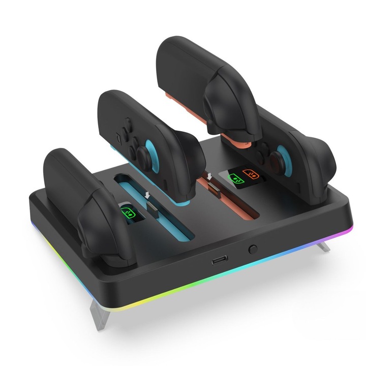 Statie de incarcare RGB pentru Nintendo Switch 2, Dobe, incarcare simultana 4 Joy-Con, montare pe perete, 80 cm cablu