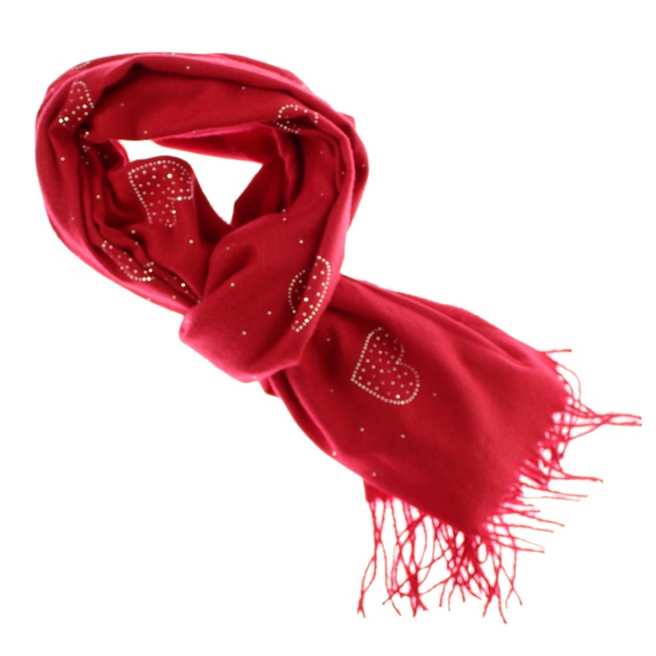 Esarfa dama, din lana, Buticcochet, 70x190 cm, model cu inimioare, Rosu - ES3139