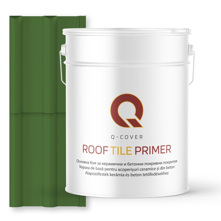 Vopsea de baza pentru acoperisuri ceramice si din beton, Q-COVER, Verde ierbos RAL6010, 10L, aderenta ridicata, intareste suprafata si asigura protectie avansata, vopsea elastica pentru tigla si beton, rezistenta la intemperii si uzura